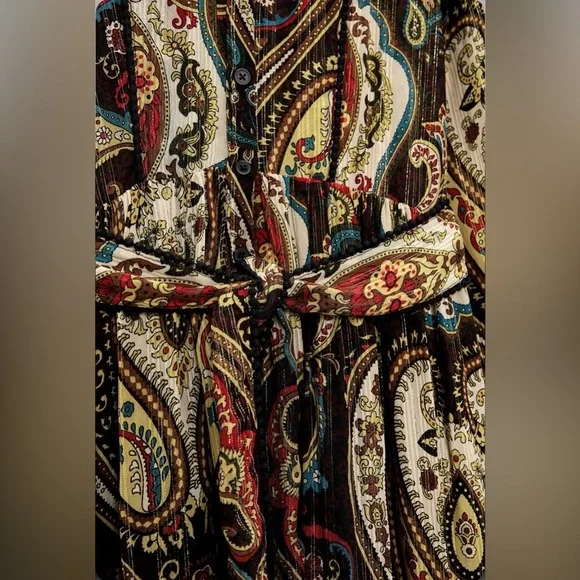 Zara Alabama Belted Midi Shirt Dress Women’s Medium Gold Paisley Lurex Button Up - Picture 4 of 13